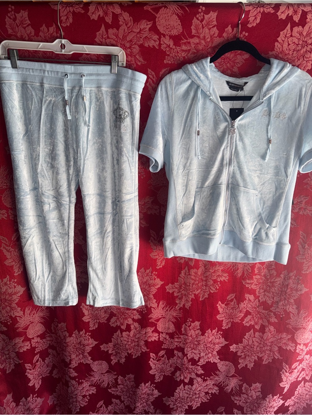 BCBG baby blue velour track suit